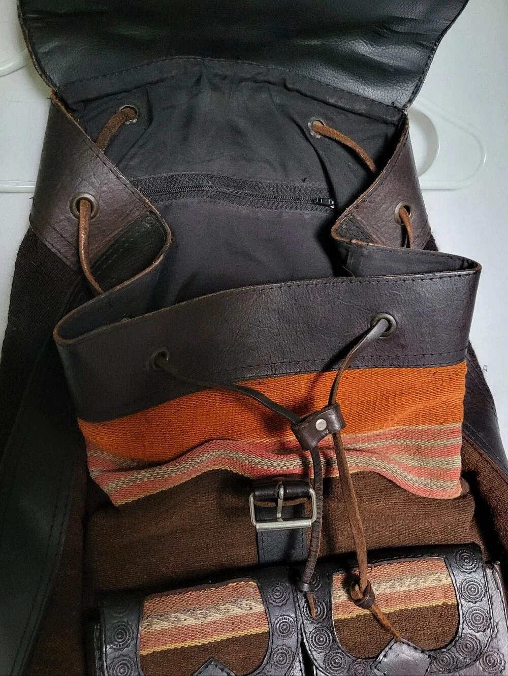 Beautiful Dark Leather And Woven Fabric Backpack Rucksack 🍂